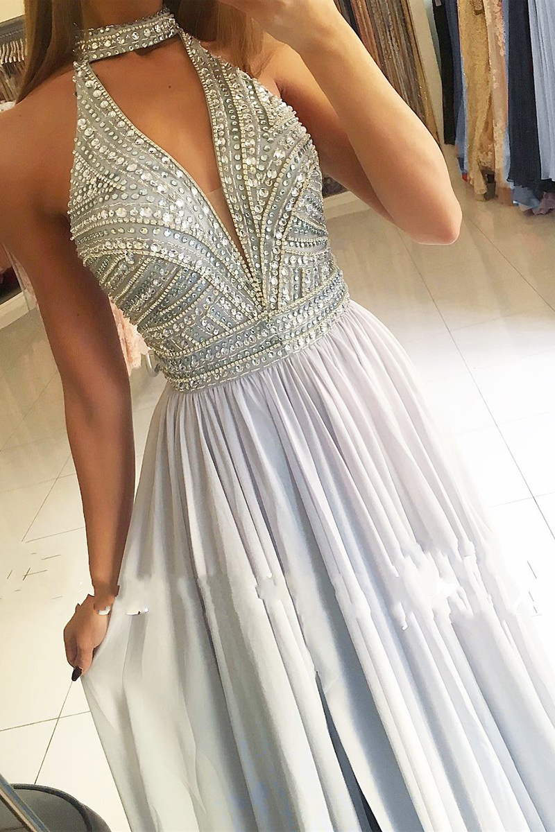 Elegant Halter Keyhole Beading A-Line Ruffles Floor-length Prom Dress