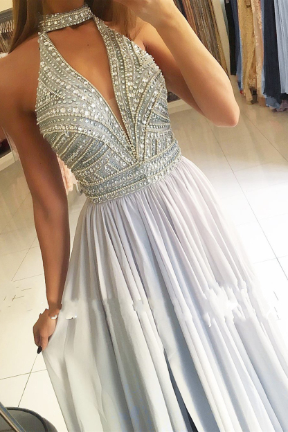 Elegant Halter Keyhole Beading A-Line Ruffles Floor-length Prom Dress