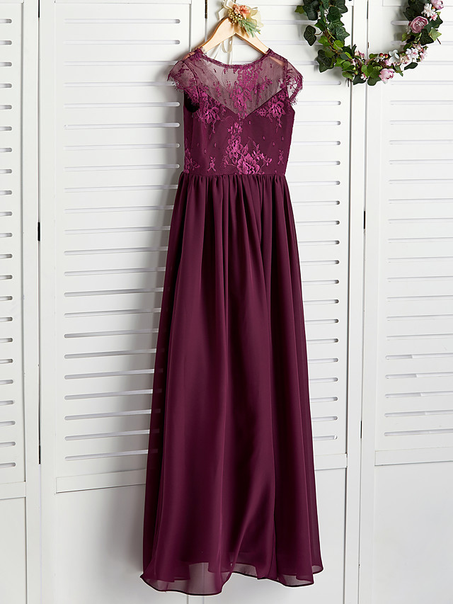 A-Line V Neck Maxi Chiffon / Lace Junior Bridesmaid Dress With Appliques