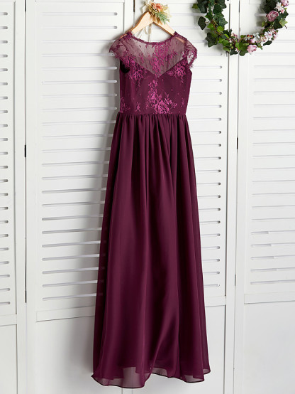 A-Line V Neck Maxi Chiffon / Lace Junior Bridesmaid Dress With Appliques
