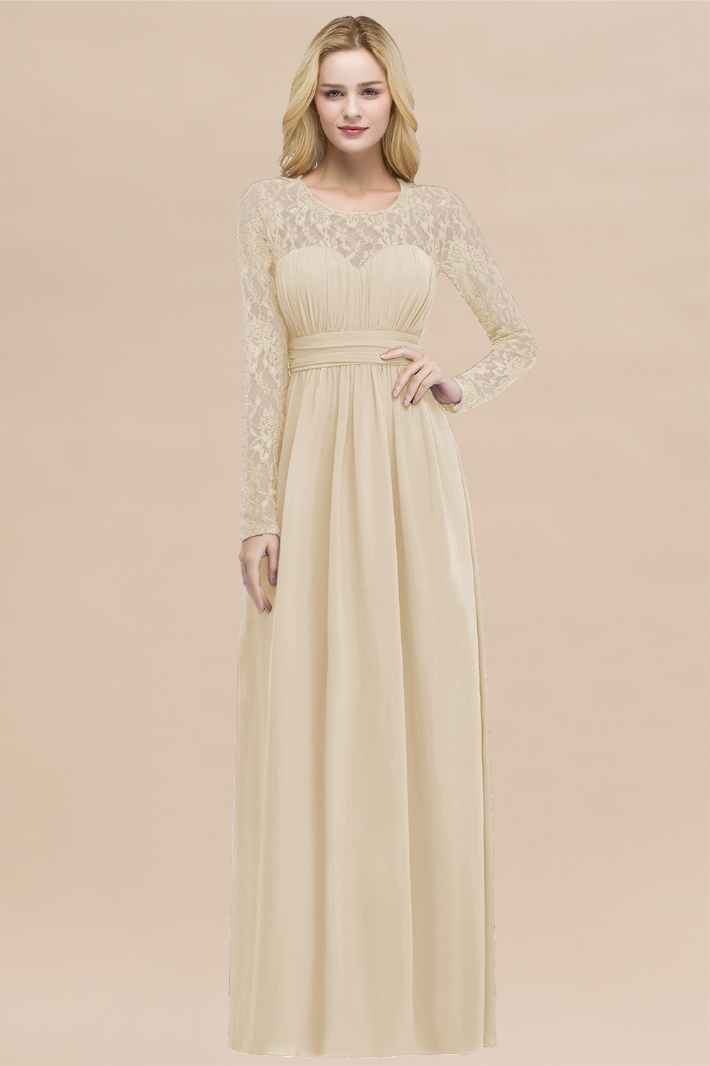 Elegant A-Line Chiffon Jewel Long Sleeves Ruffles Floor-Length Bridesmaid Dresses