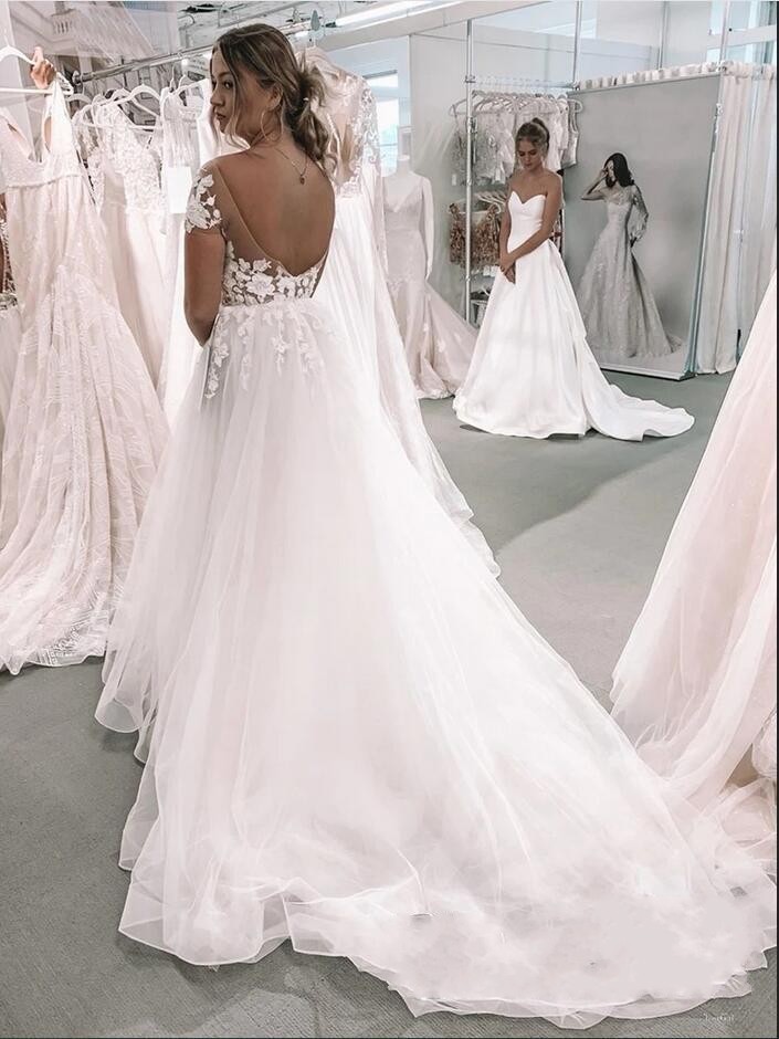 Plus Size Long A-Line Bateau Short Sleeve Appliques Lace Floor-length Tulle Wedding Dress