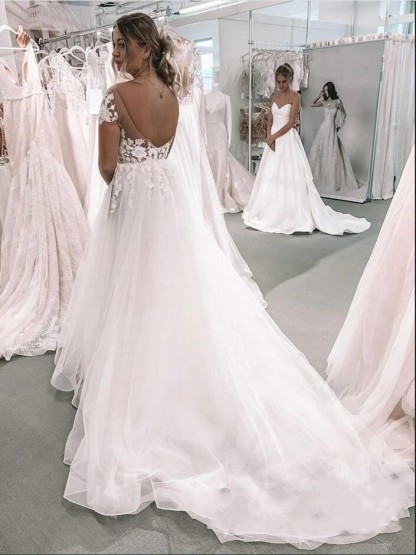 Plus Size Long A-Line Bateau Short Sleeve Appliques Lace Floor-length Tulle Wedding Dress