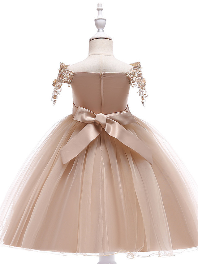 Princess Above Knee Wedding / Party / Pageant Flower Girl Dresses - Satin / Tulle Short Sleeve Off Shoulder With Lace / Beading / Appliques