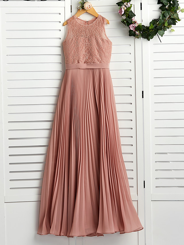 Dusty Rose Long A-line Chiffon Lace Junior Bridesmaid Dress