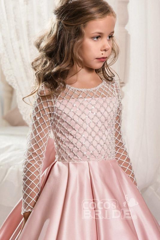 White Scoop Neck Long Sleeves Ball Gown Flower Girls Dress