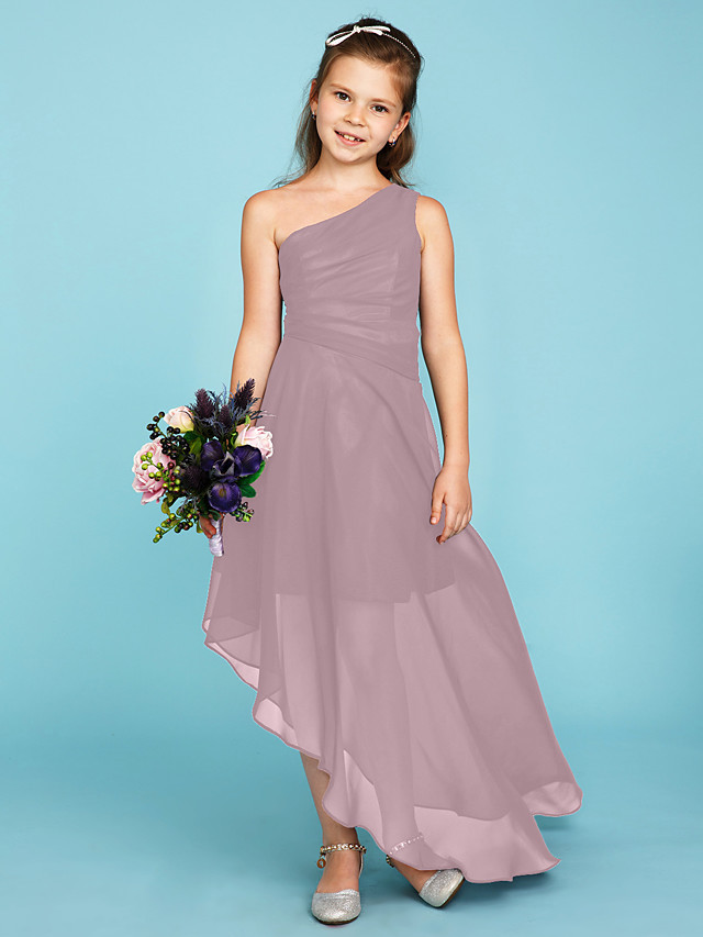 A-Line One Shoulder Asymmetrical Chiffon Junior Bridesmaid Dress With Side Draping / Wedding Party