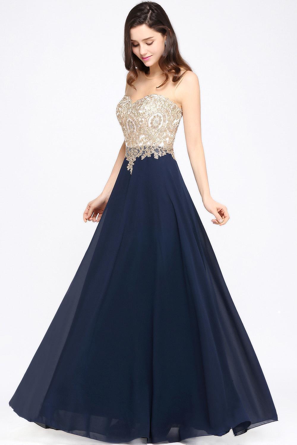 A-line Scoop Dark Navy Chiffon Evening Dresses with Appliques