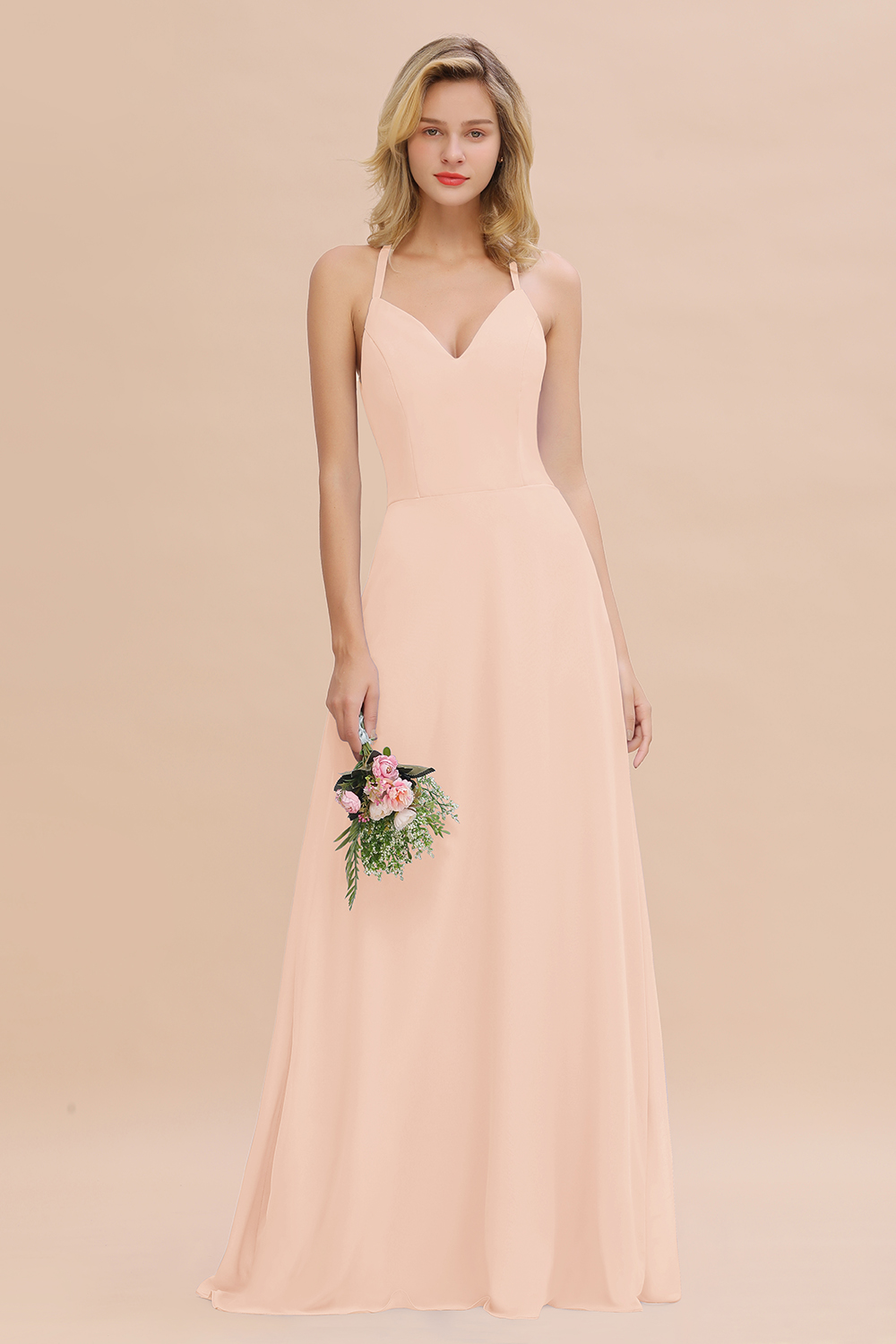 Stylish Chiffon Spaghetti Straps Sleeveless Long Bridesmaid Dress