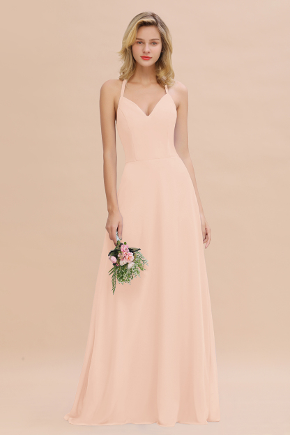 Stylish Chiffon Spaghetti Straps Sleeveless Long Bridesmaid Dress