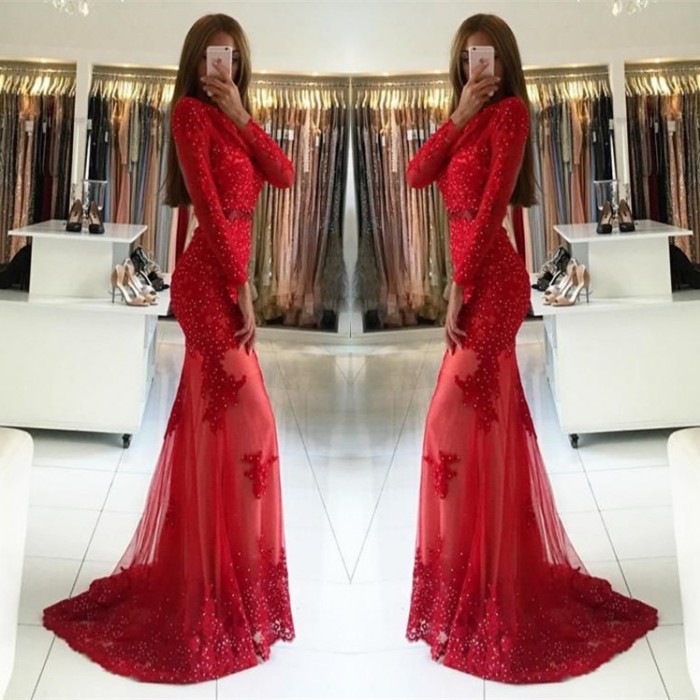 Elegant Long Sleeves Floor-length Mermaid Prom Dress With Appliques Lace