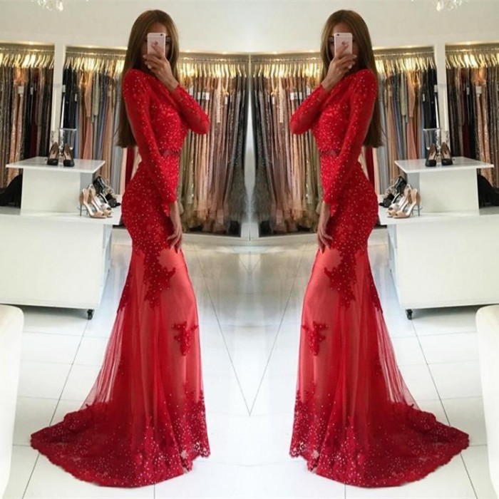 Elegant Long Sleeves Floor-length Mermaid Prom Dress With Appliques Lace