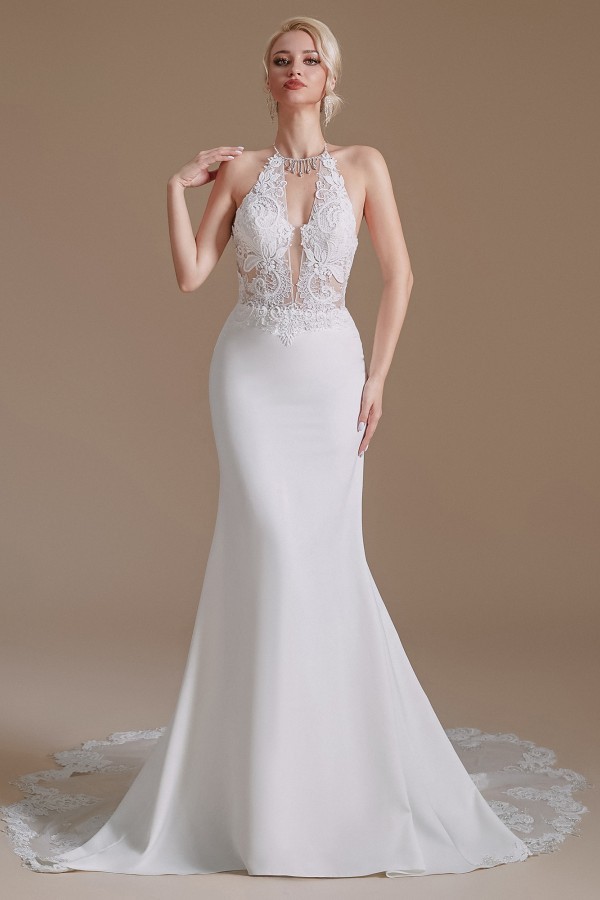 Modest Long Mermaid Halter Backless Satin Wedding Dresses with Appliques Lace