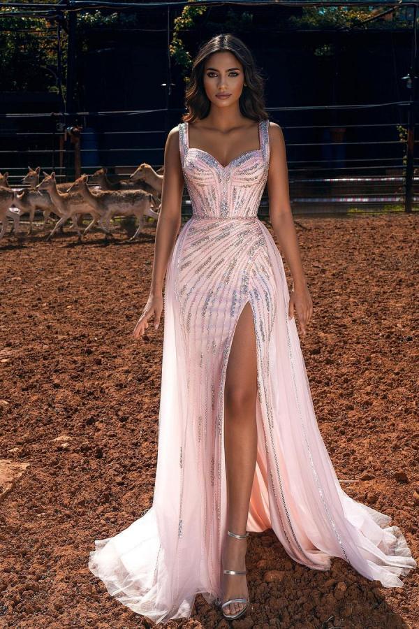Unique Sweetheart Spaghetti Straps Tulle Beads A-Line Prom Dress with Slit