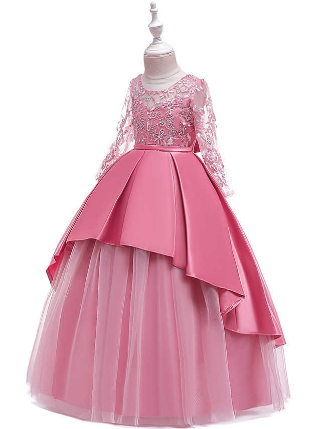 Princess Floor Length Wedding / Party / Pageant Flower Girl Dresses - Lace / Satin / Tulle Long Sleeve Jewel Neck With Lace / Belt / Crystals
