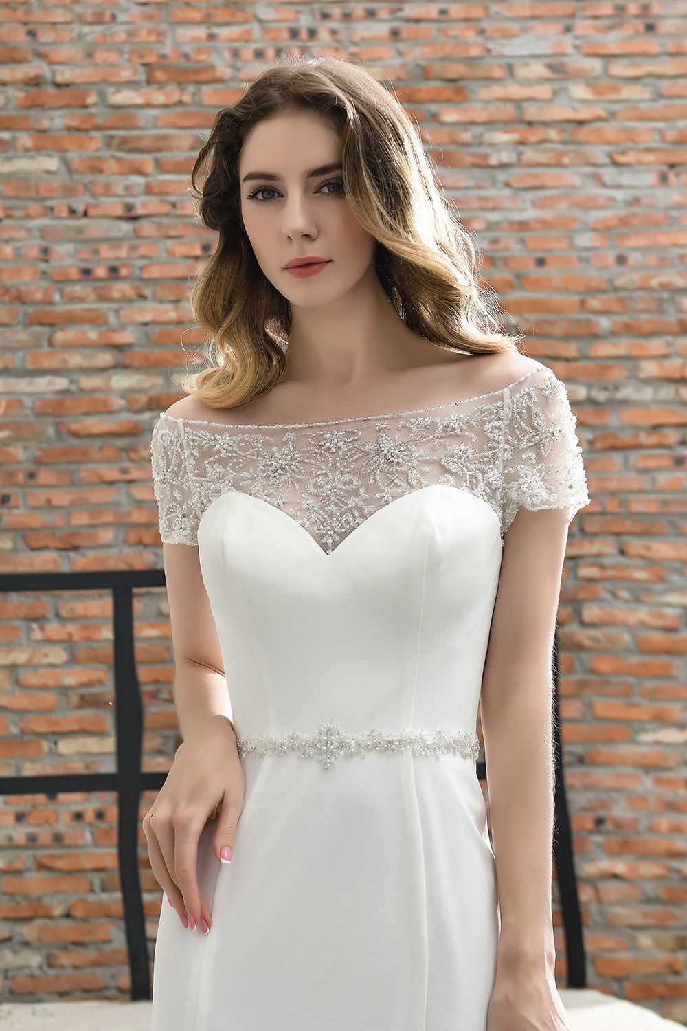 Long Mermaid Satin Belt Lace White Dresses with Short Sleeves