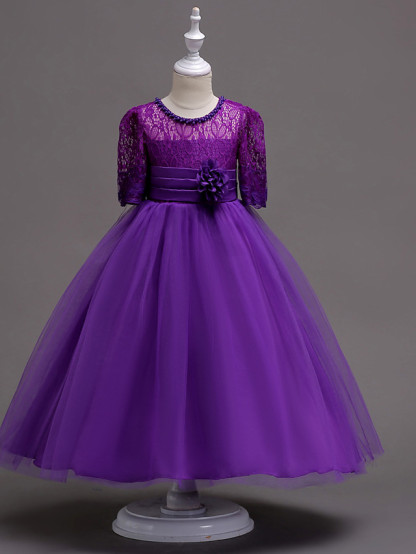Princess Tea Length Wedding / First Communion Flower Girl Dresses - Lace / Satin / Tulle Half Sleeve Jewel Neck With Lace / Belt / Beading