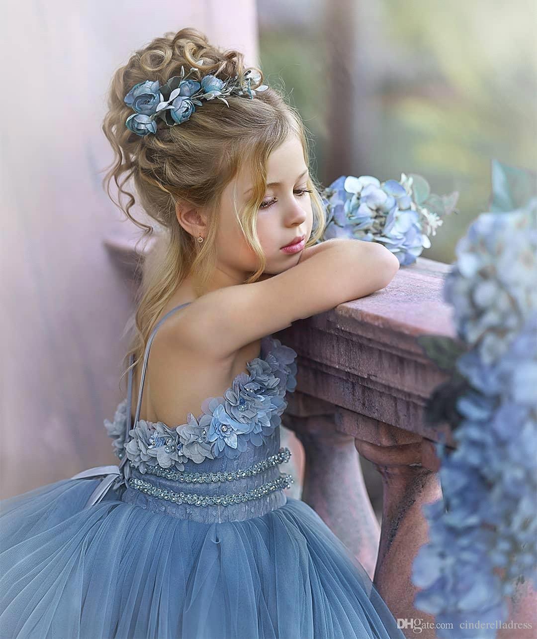 Cute Dusty Blue Long Spaghetti Straps Strapless Tulle Princess Flower Girl Dresses