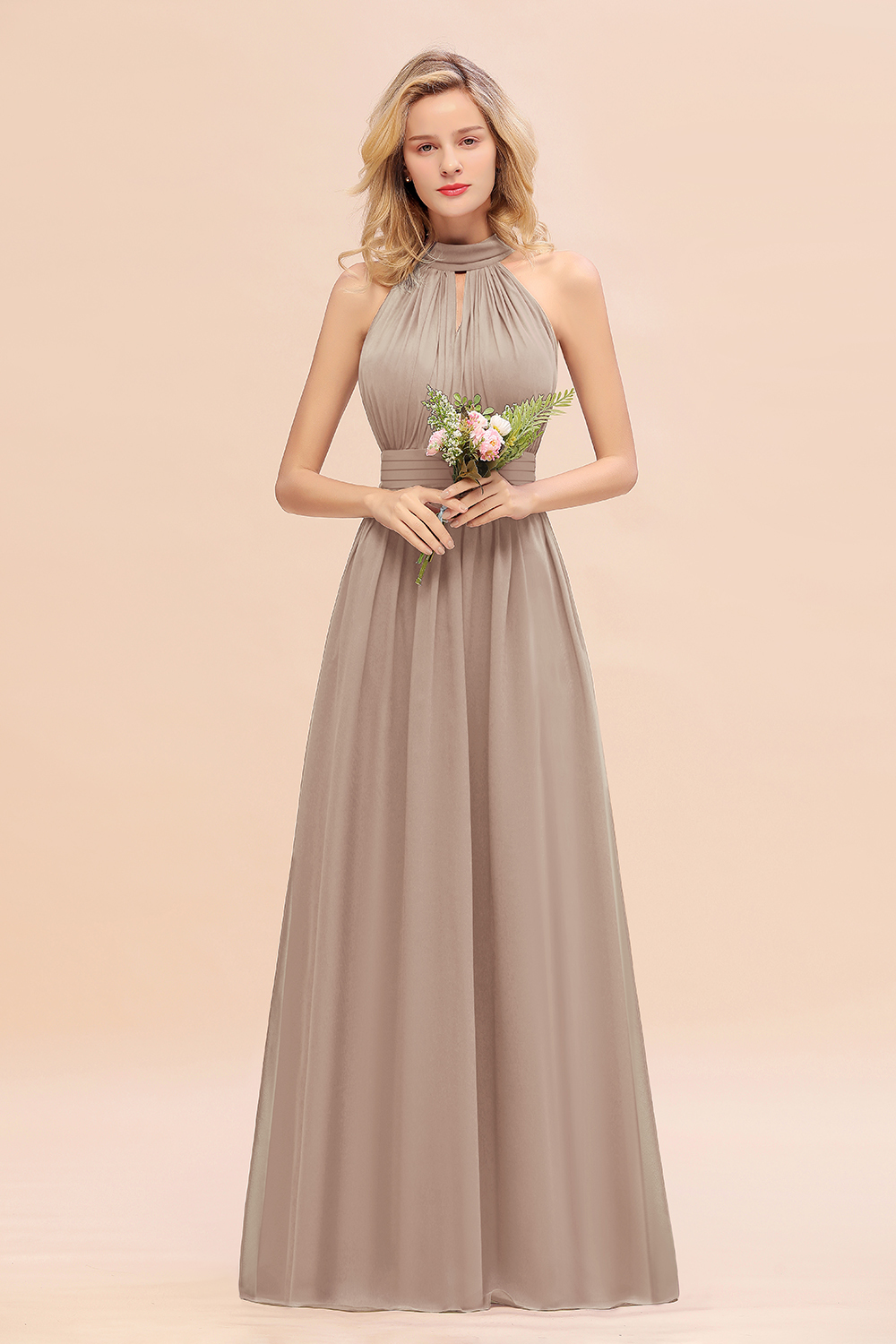 BM0758 Glamorous High-Neck Halter Bridesmaid Affordable Dresses with Ruffle
