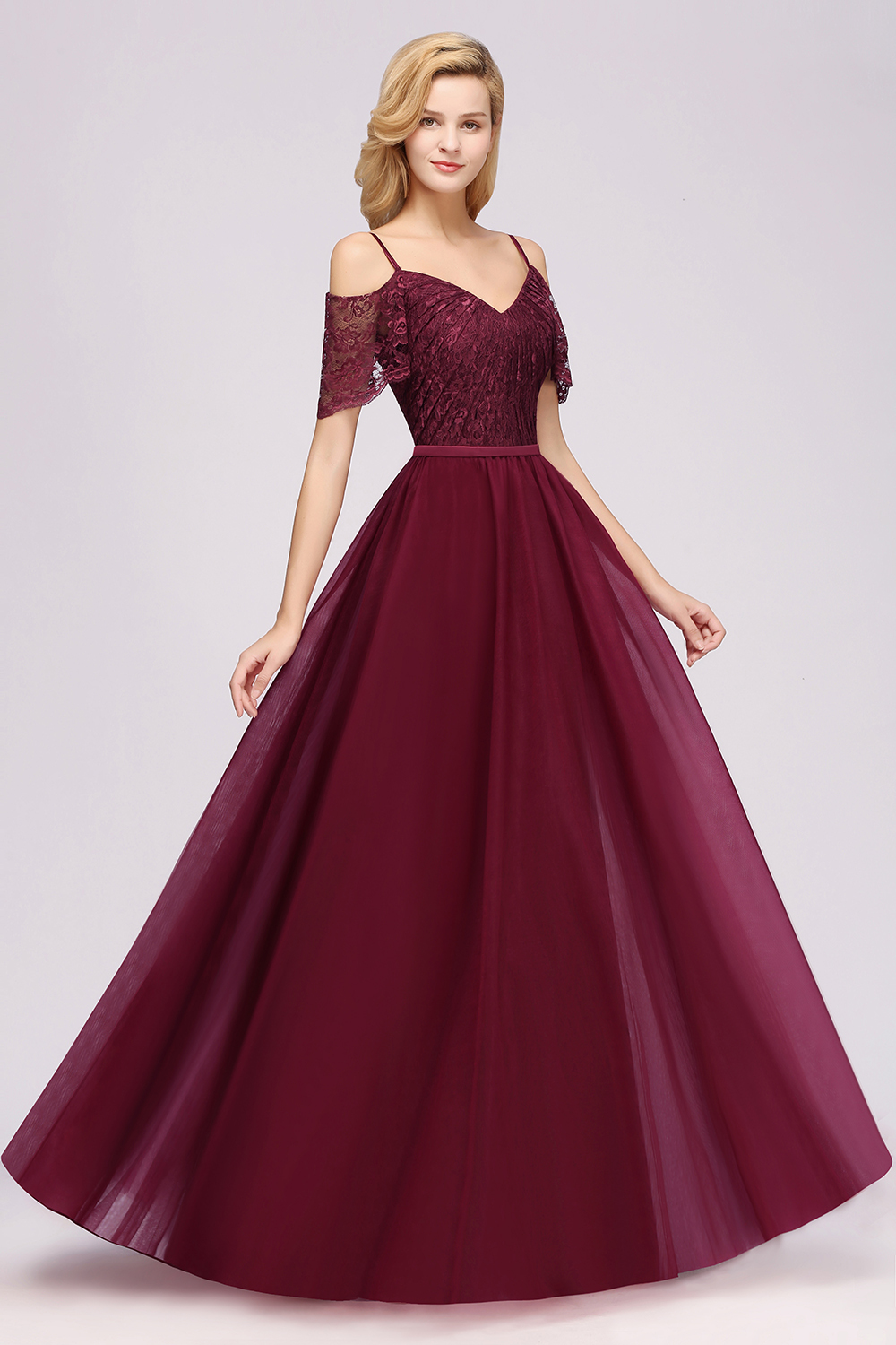 A-Line Chiffon Lace Sweetheart Spaghetti Straps Short-Sleeves Floor-Length Bridesmaid Dresses with Ruffles