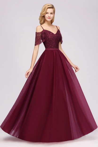 A-Line Chiffon Lace Sweetheart Spaghetti Straps Short-Sleeves Floor-Length Bridesmaid Dresses with Ruffles