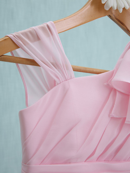 Sheath / Column Straps Knee Length Chiffon Junior Bridesmaid Dress With Ruffles / Side Draping / Natural