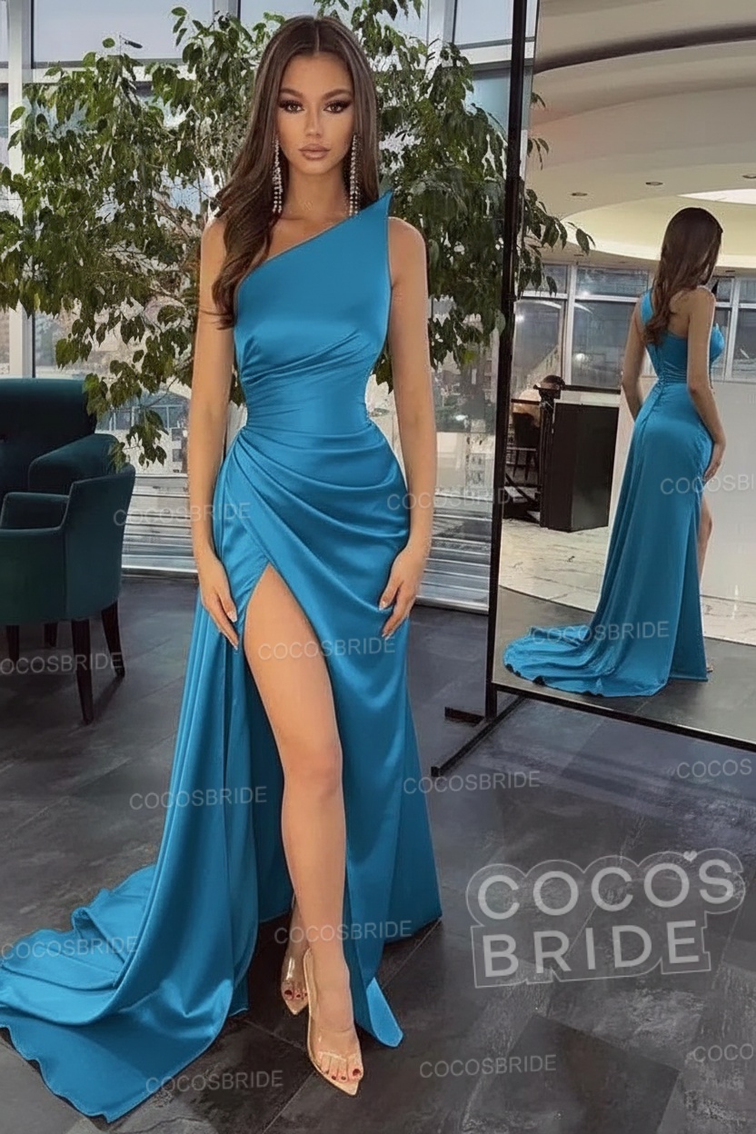 Elegant Black Long Mermaid One Shoulder Satin Prom Dress