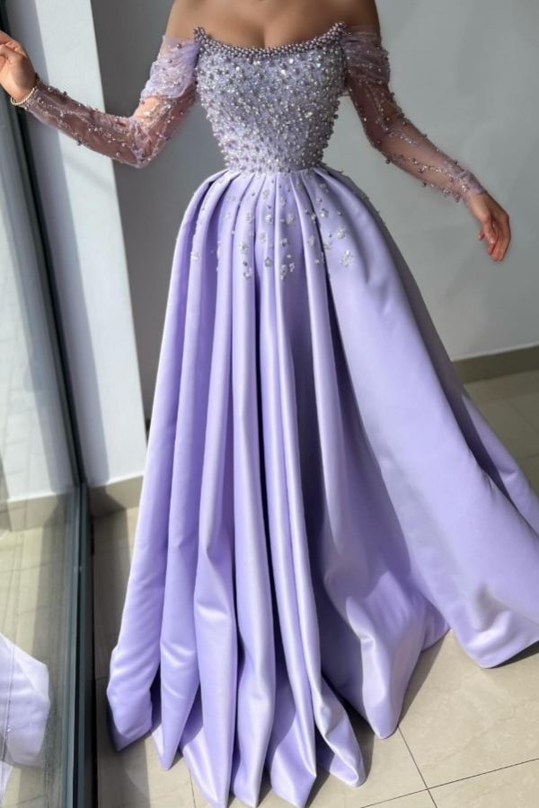 A-line Strapless Illusion Long Sleeves Satin Long Prom Dress with Sequins and Ruffles