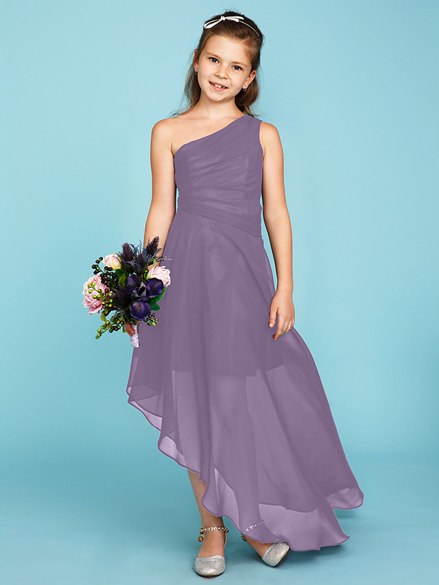 A-Line One Shoulder Asymmetrical Chiffon Junior Bridesmaid Dress With Side Draping / Wedding Party