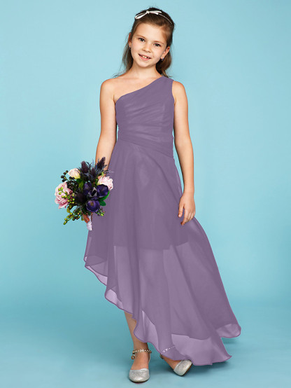 A-Line One Shoulder Asymmetrical Chiffon Junior Bridesmaid Dress With Side Draping / Wedding Party