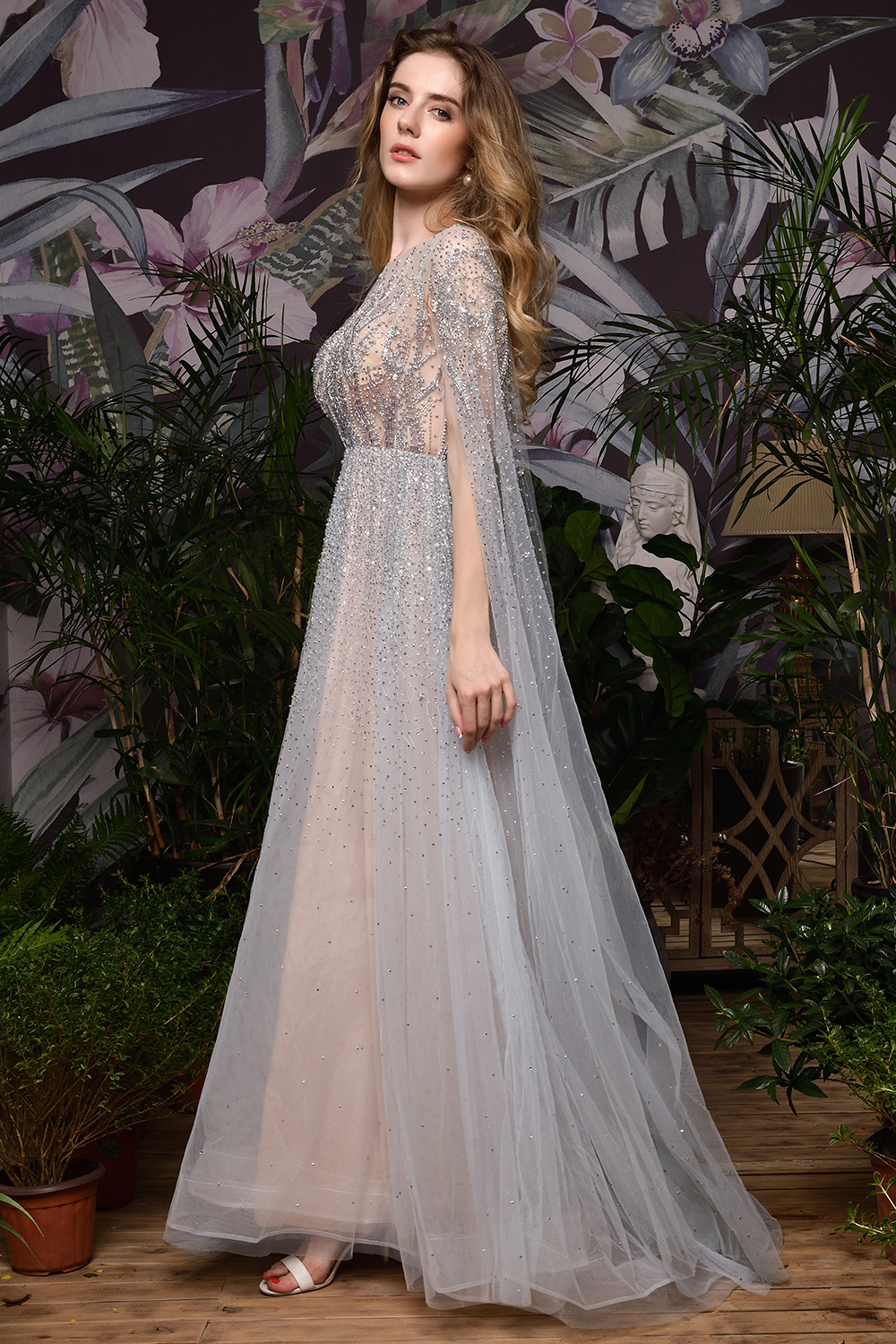 Luxury Shawl Sequined A-line Long Prom Dress