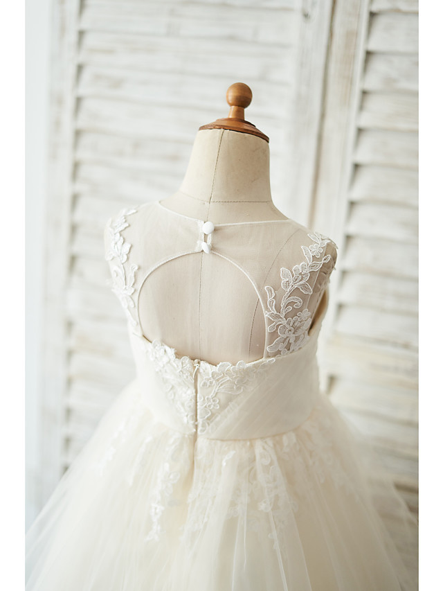 Ball Gown Knee Length Tulle Birthday Flower Girl Dresses with Appliques Lace