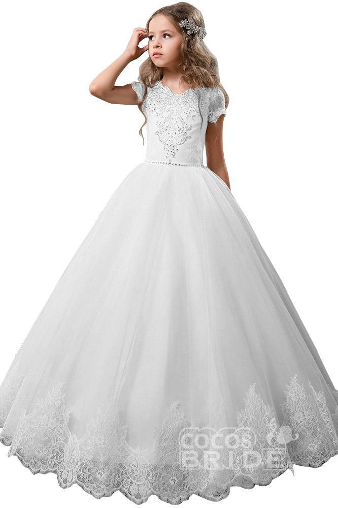 Light Pink Scoop Neck Short Sleeve Ball Gown Flower Girls Dress