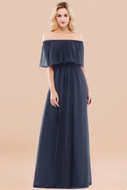 A-line Chiffon Off-the-Shoulder Short-Sleeves Ruffles Floor-length Bridesmaid Dress
