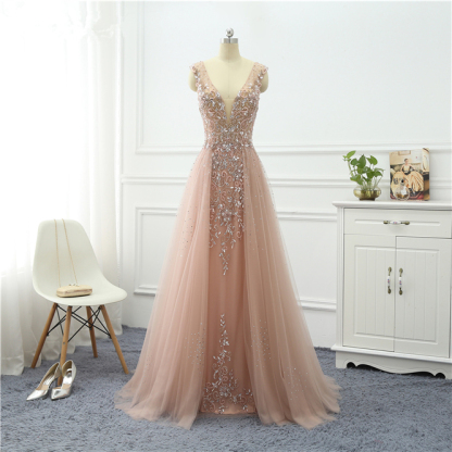 Long V-neck A-Line Tulle Ruffles Sequins Beading Prom Dress With Lace