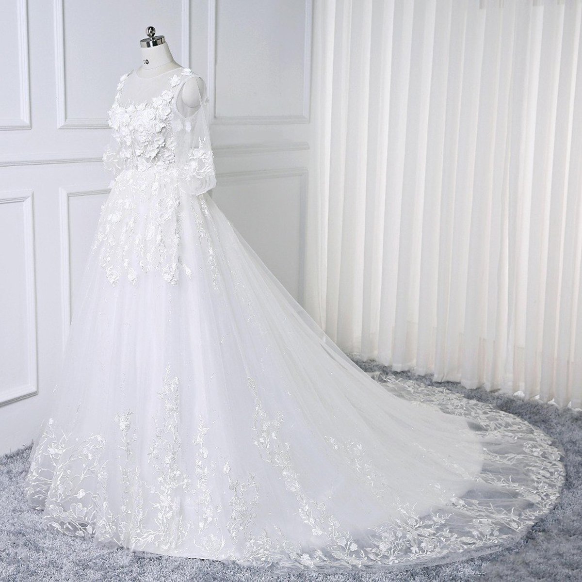 White Long A-line Lace Flowers Half Sleeves Bridal Wedding Dress