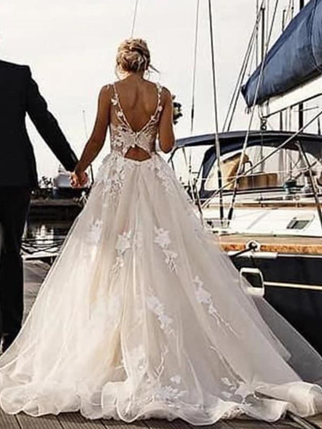 Long A-line V Neck Court Train Tulle Spaghetti Strap Backless Wedding Dresses