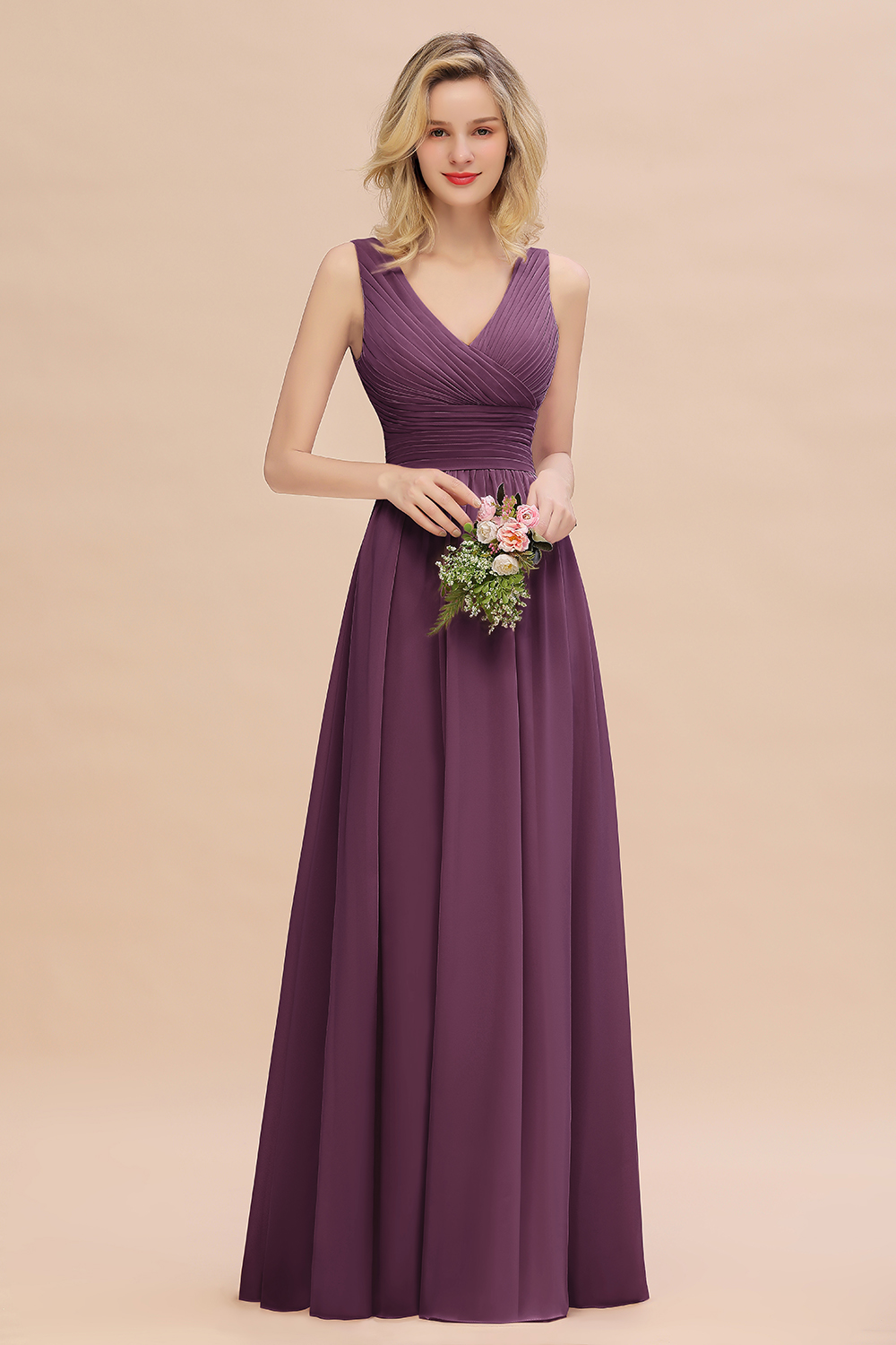 Elegant A-line V-Neck Ruffles Long Bridesmaid Dress
