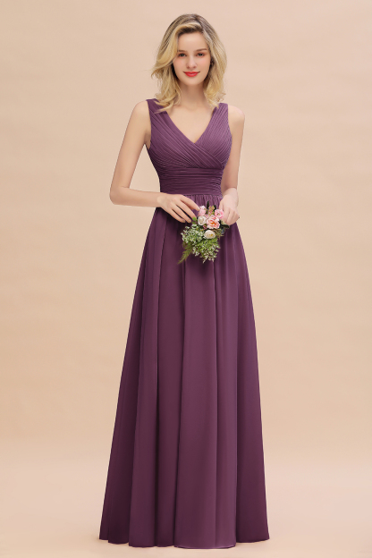 Elegant A-line V-Neck Ruffles Long Bridesmaid Dress