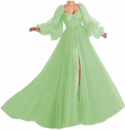 Awesome Long Sleeves A-line Sweetheart Tulle Prom Dress with Slit