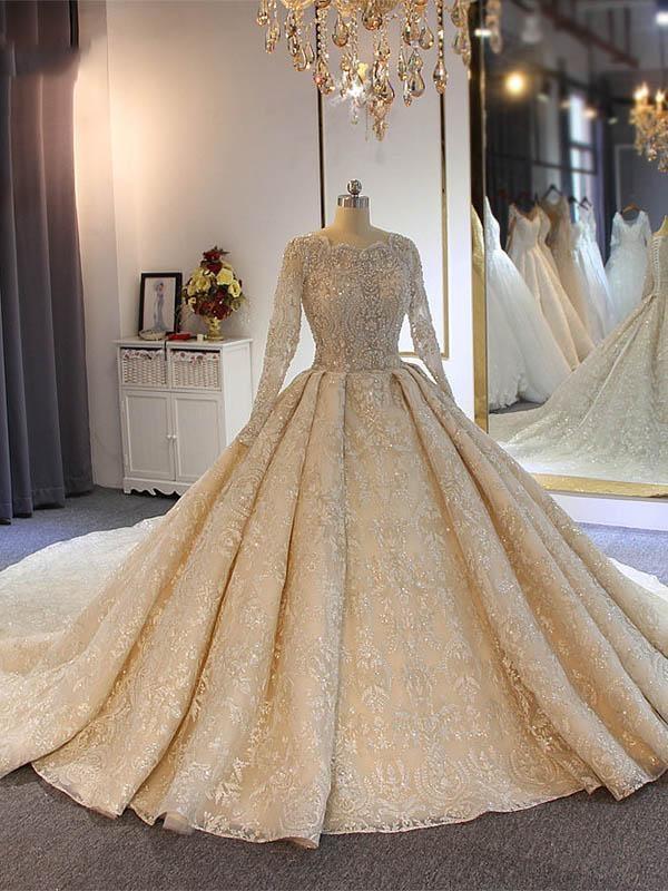 luxury Long Tulle Lace Beading Ball Gown Wedding Dresses with Long Sleeves
