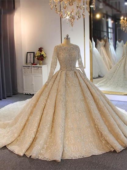 luxury Long Tulle Lace Beading Ball Gown Wedding Dresses with Long Sleeves