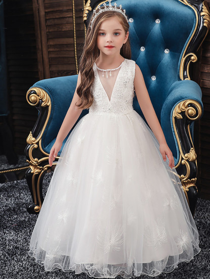 A-Line Medium Length Wedding / Party / First Communion Flower Girl Dresses - Tulle / Matte Satin / Poly&Cotton Blend Sleeveless Jewel Neck With Lace / Beading / Solid