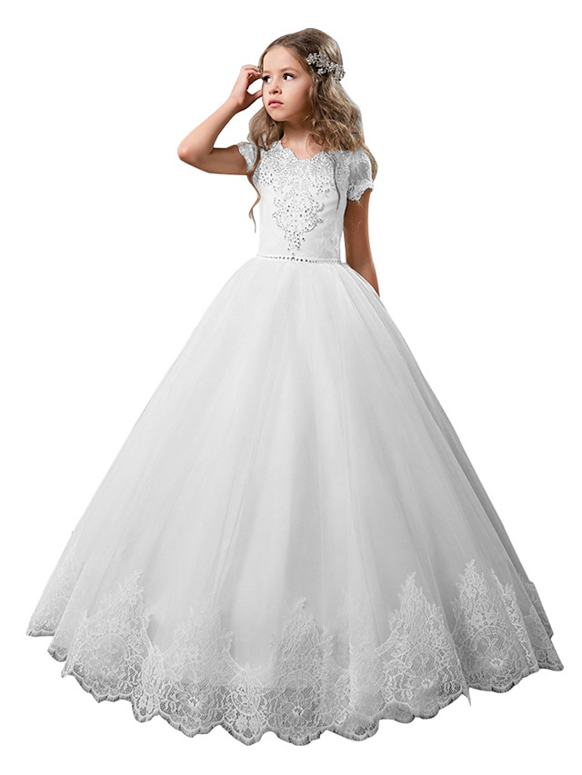 Princess Floor Length Wedding / Birthday / First Communion Flower Girl Dresses - Cotton / Nylon With A Hint Of Stretch / Lace / Tulle Short Sleeve Jewel Neck With Lace / Crystals / Rhinestones