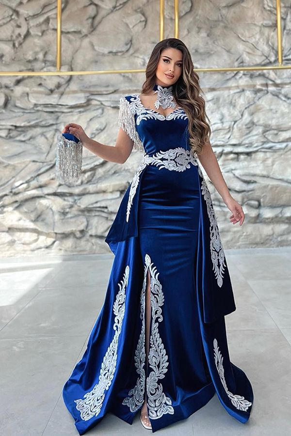 Long Mermaid Velvet Front Slit Evening Fomral Evening Dresses with Appliques Lace
