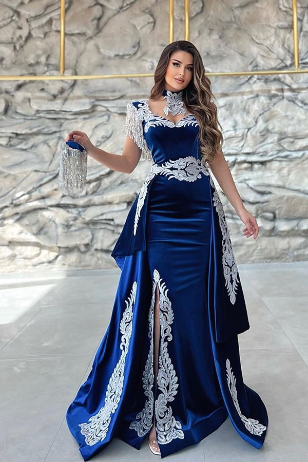 Long Mermaid Velvet Front Slit Evening Fomral Evening Dresses with Appliques Lace