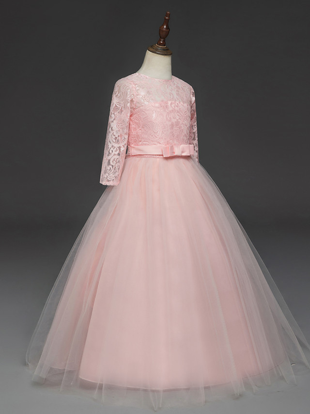 Princess Long Length Wedding / Party / Pageant Flower Girl Dresses - Lace / Tulle Half Sleeve Jewel Neck With Lace / Belt