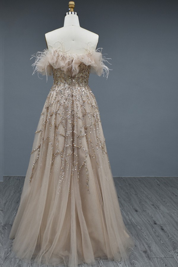 Elegant Long A-line Off the Shoulder Tulle Beading Formal Prom Dresses