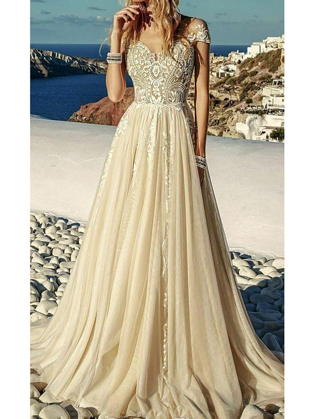 Long A-Line Sweetheart Neckline Chiffon Lace Wedding Dresses