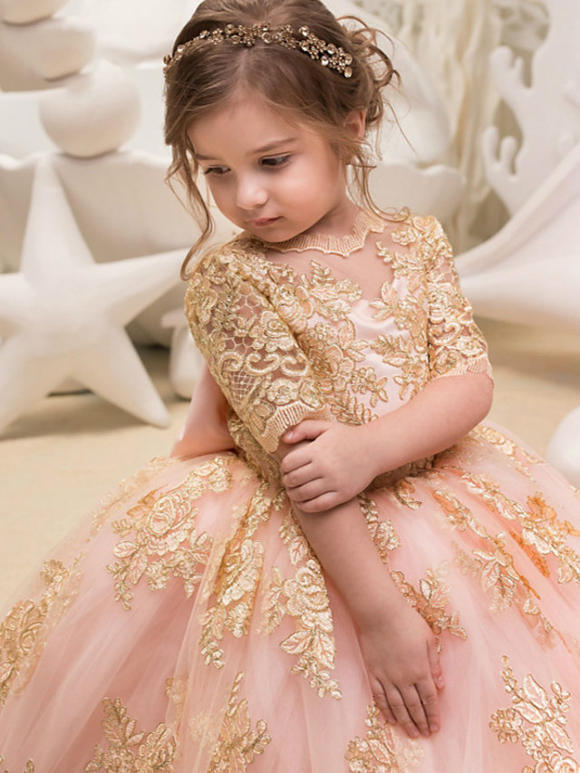Princess / Ball Gown Floor Length Wedding / Party Flower Girl Dresses - Tulle Half Sleeve Jewel Neck With Bow(S) / Appliques